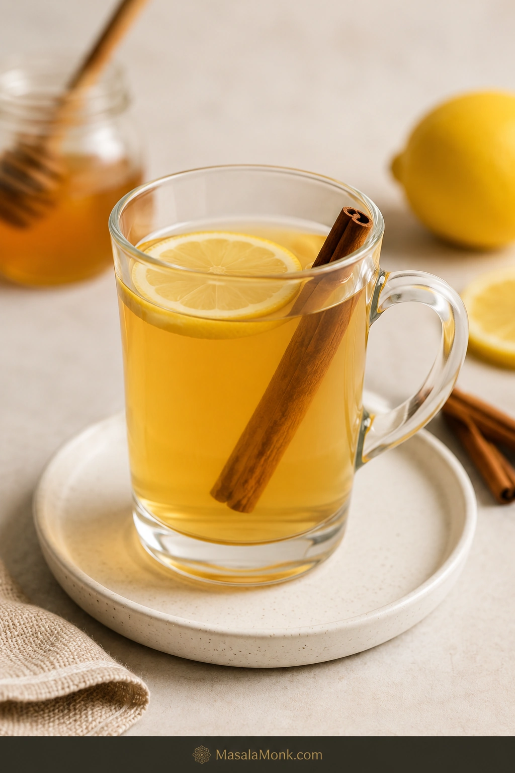 Classic hot toddy in a clear glass mug with whiskey, honey, lemon, cinnamon, and visible steam on a dark wooden table.