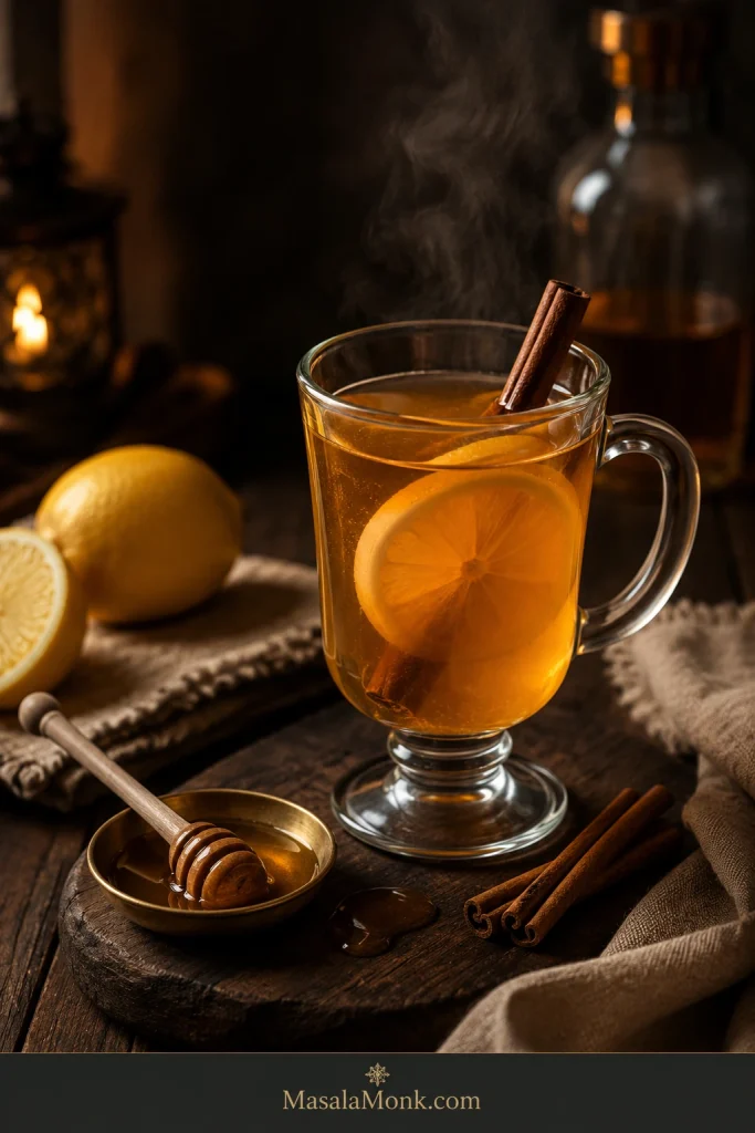 Classic hot toddy in a clear glass mug with whiskey, honey, lemon, cinnamon, and visible steam on a dark wooden table.