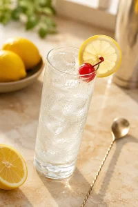 Tall Tom Collins cocktail in a Collins glass with ice, bubbles, lemon wheel, red cherry, fresh lemons, and a bar spoon on a bright stone surface.