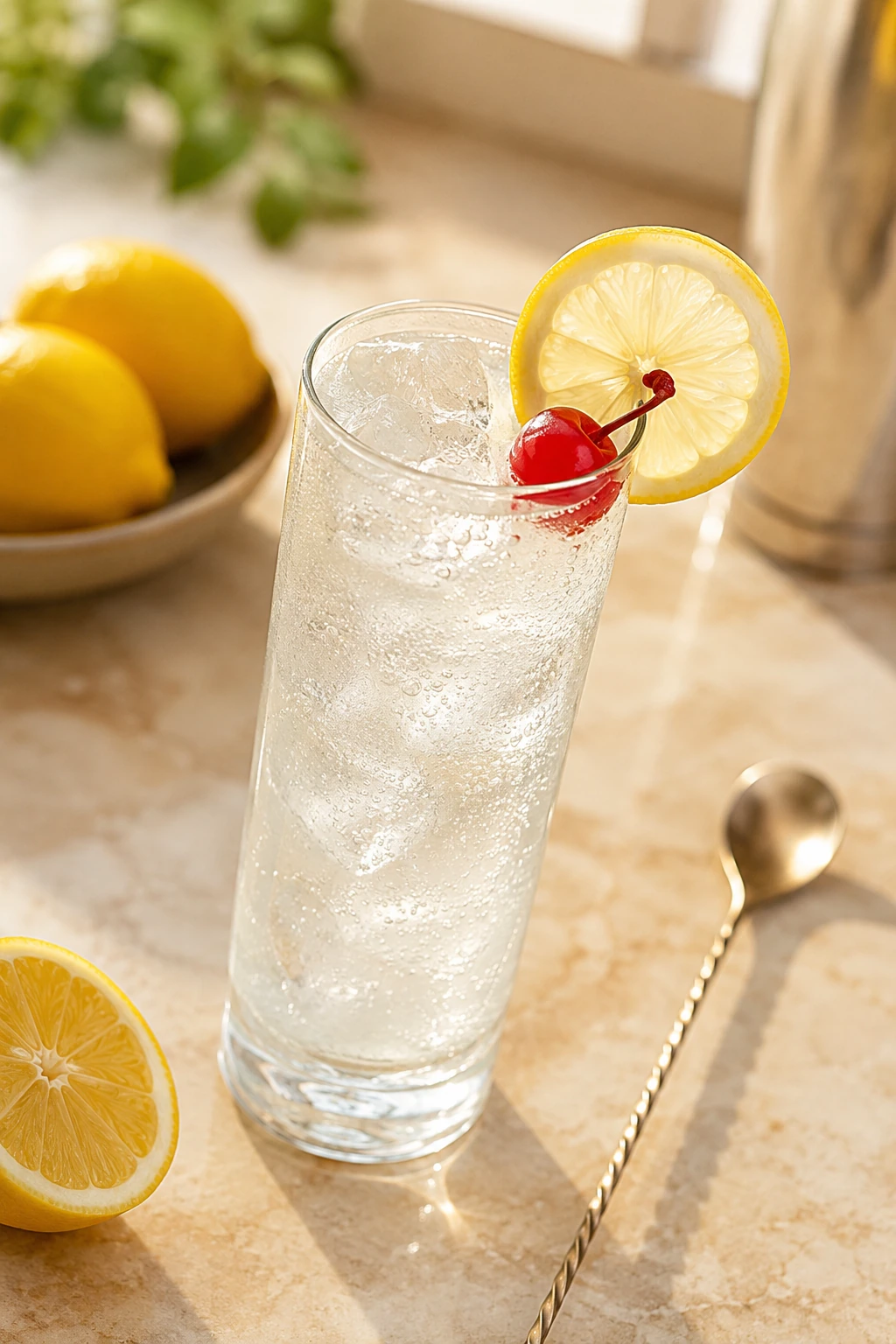 Tall Tom Collins cocktail in a Collins glass with ice, bubbles, lemon wheel, red cherry, fresh lemons, and a bar spoon on a bright stone surface.