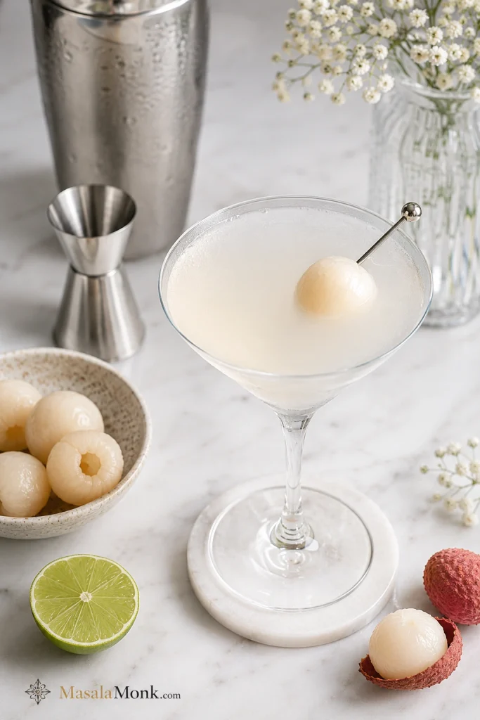Classic vodka lychee martini in a stemmed glass with lychee garnish and bar tools nearby.