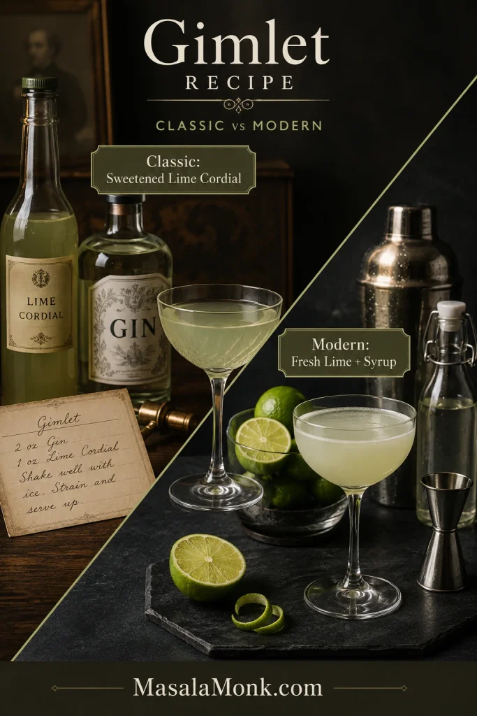 Classic sweetened-lime cordial Gimlet setup beside a modern Gimlet setup with fresh lime juice and simple syrup.