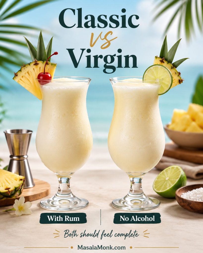 Side-by-side classic and virgin pina coladas, showing one with rum and one alcohol-free, both garnished and served in tropical glasses.