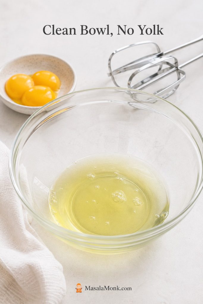 Egg whites in a clean bowl with separated yolks and beaters nearby for making meringue.