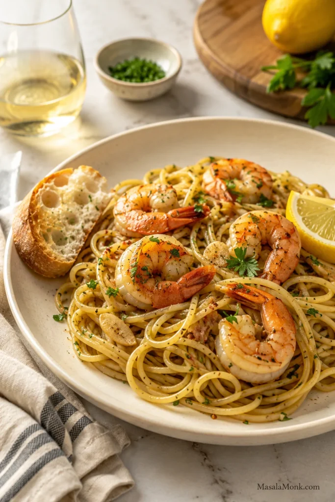 Finished shrimp scampi pasta on a plate with shrimp, lemon wedge, parsley, bread, and garlic butter sauce.