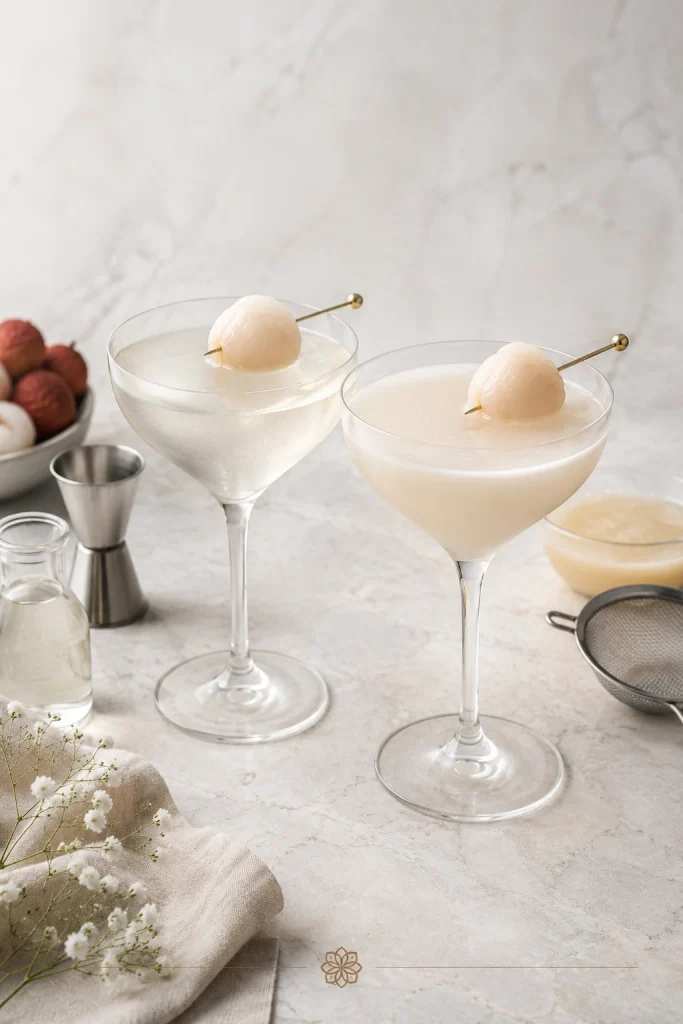 Two lychee martinis side by side, one clearer and more translucent and the other cloudier and creamier.