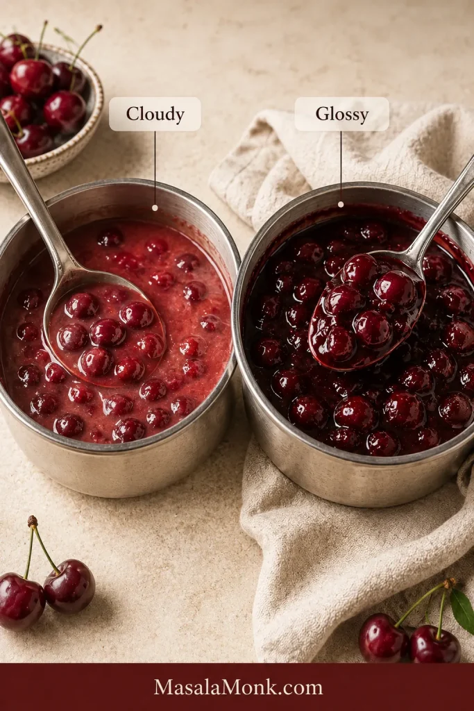 Cherry filling shown cloudy after cornstarch is added and glossy after cooking longer.