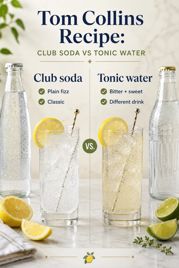 Club soda and tonic water comparison with two fizzy highball cocktails, lemon garnishes, generic bottles, checklist labels, lemons, and lime.