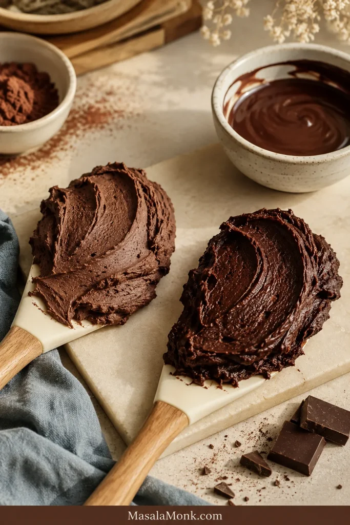 Two spatulas showing lighter cocoa frosting and darker melted chocolate cream cheese frosting.