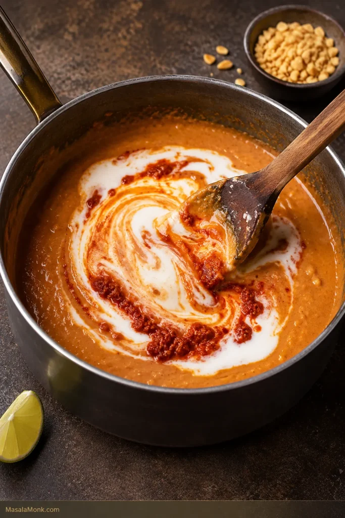 Coconut milk and red curry paste being stirred into peanut sauce in a saucepan.
