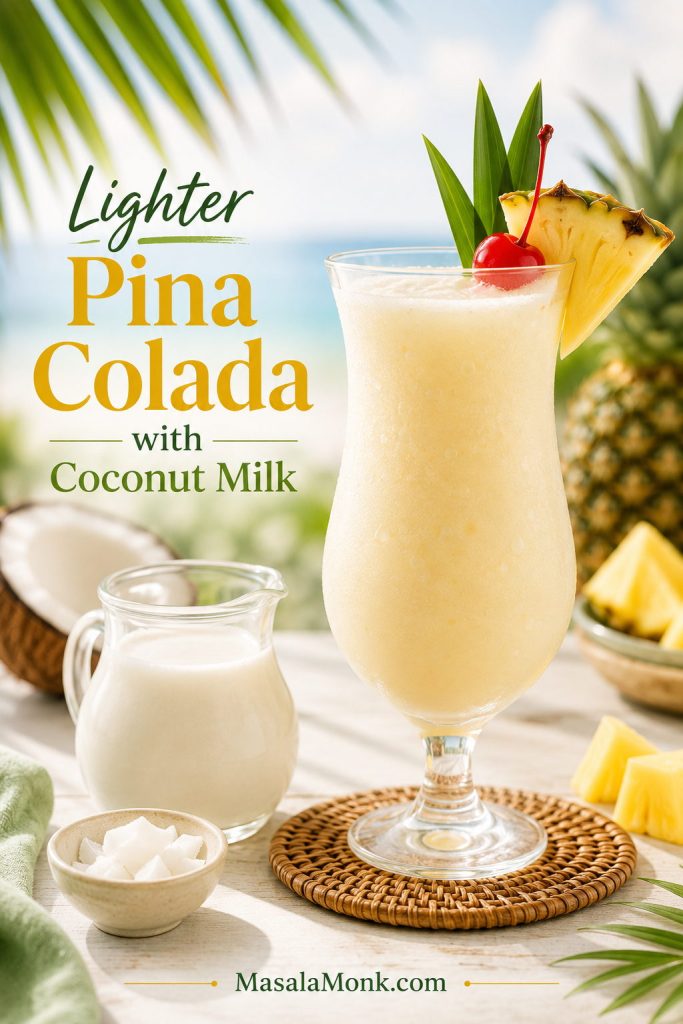 Lighter pina colada made with coconut milk, shown with a coconut milk pitcher, pineapple garnish, cherry, and tropical background.