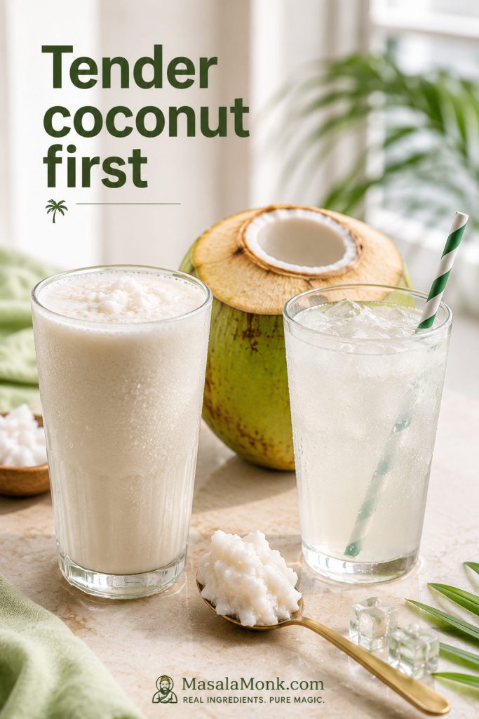 Final serving of one creamy coconut shake and one lighter coconut water shake with tender coconut and malai.
