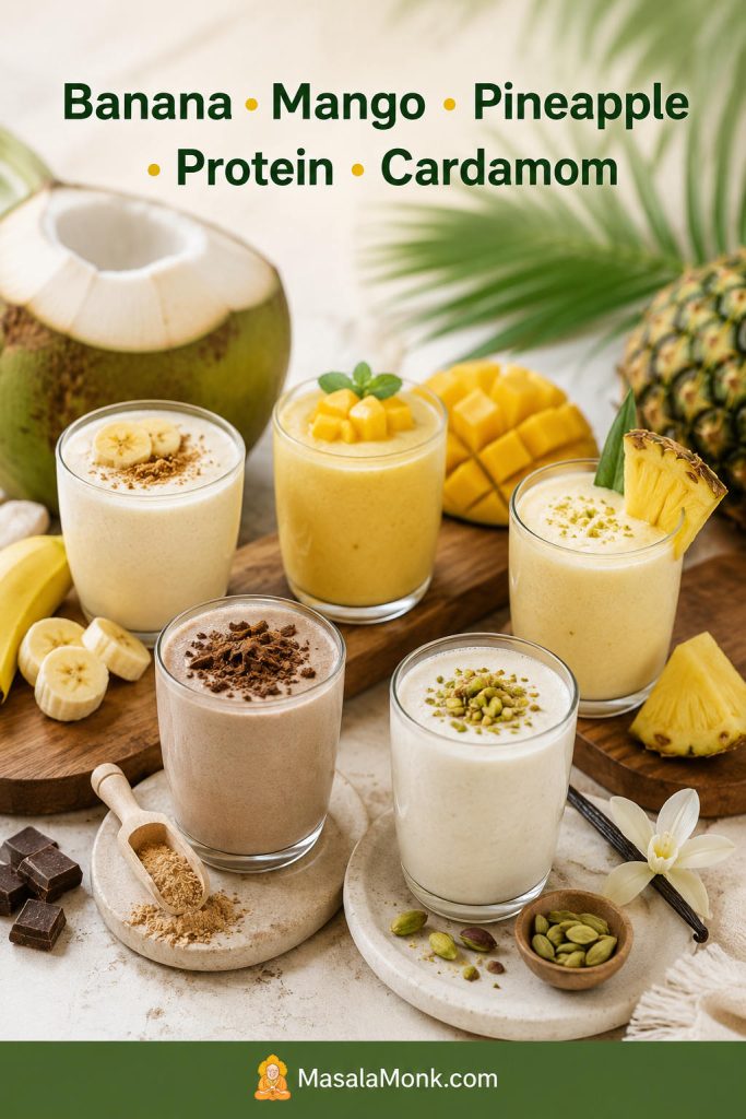 Flavor variation board with coconut shakes for banana, mango, pineapple, protein, and cardamom.