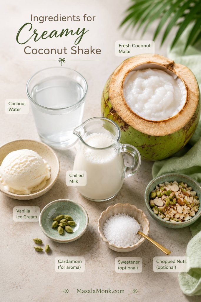 Ingredients for coconut shake including tender coconut malai, coconut water, milk, vanilla ice cream, cardamom, sweetener, and nuts.