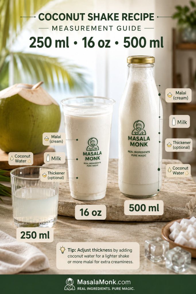 Measurement guide showing coconut shake portions for a 250 ml glass, 16 oz cup, and 500 ml bottle.