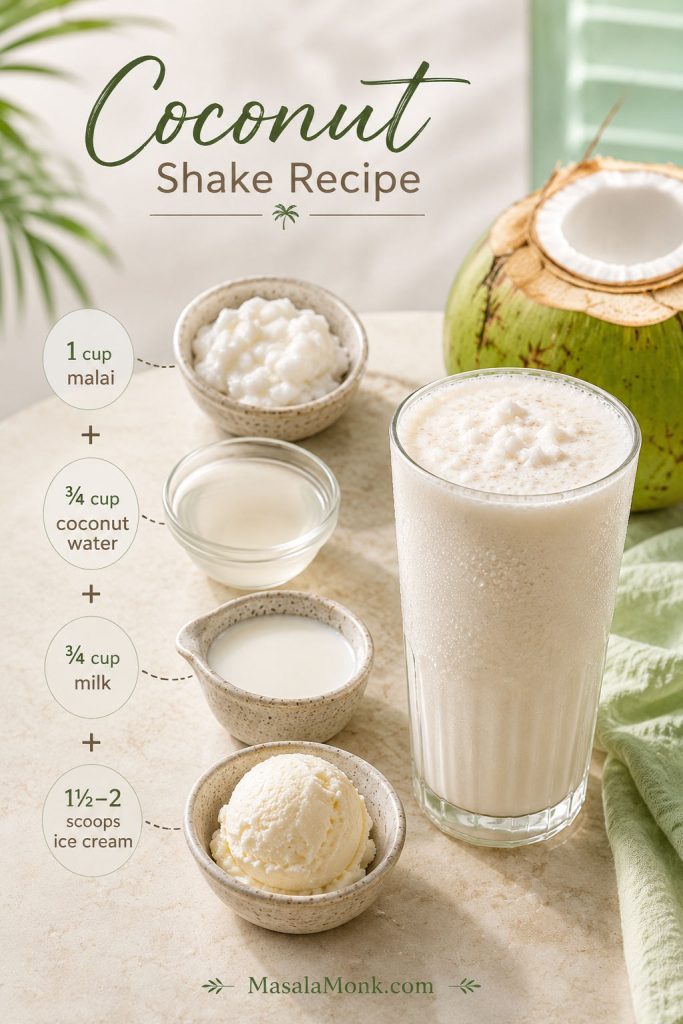 Recipe ratio board showing tender coconut malai, coconut water, chilled milk, vanilla ice cream, and a coconut shake glass.