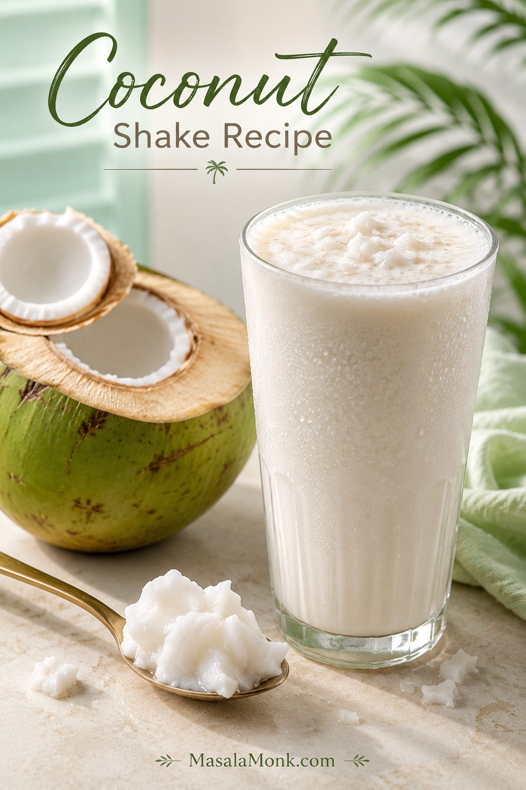 Tall chilled glass of coconut shake with tender coconut malai, coconut water, and an opened young coconut.