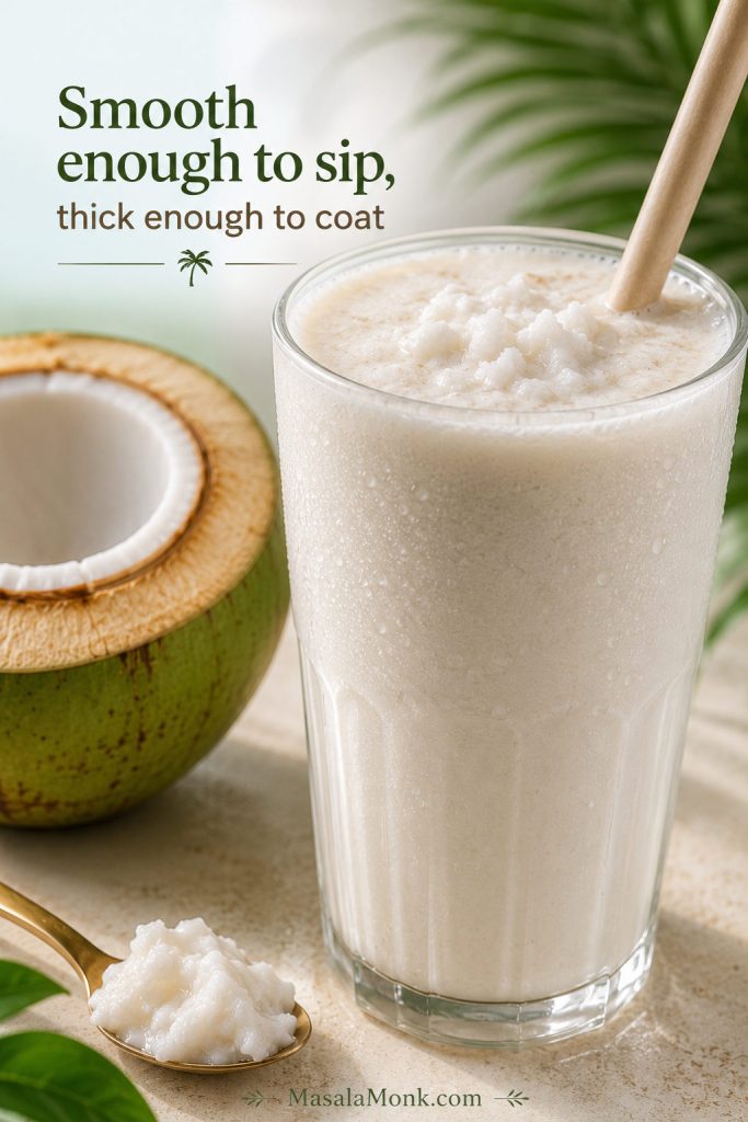 Close-up of coconut shake with a straw, lightly coated glass wall, froth, and tiny malai bits.
