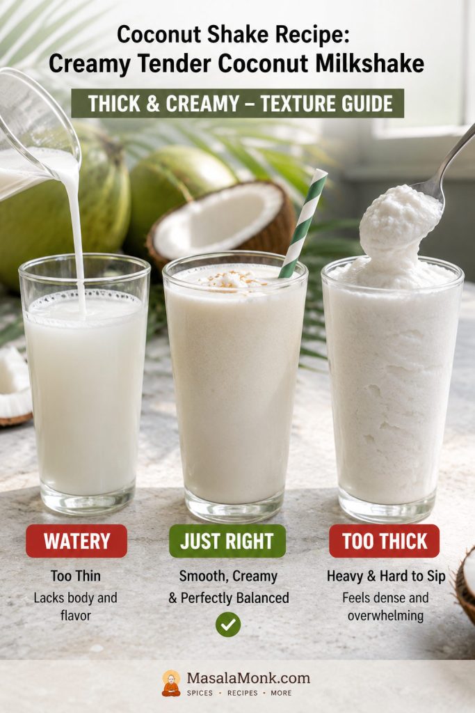 Three coconut shake glasses showing watery, just-right creamy, and too-thick textures.