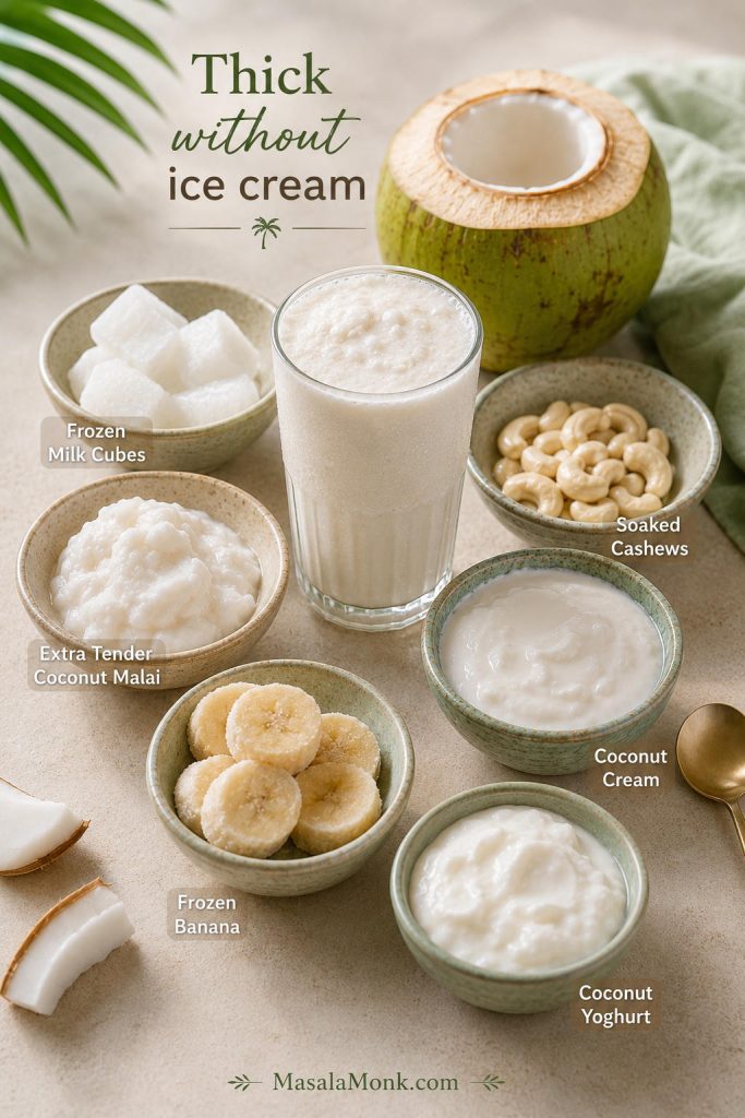 Thickener board with frozen milk cubes, malai, soaked cashews, coconut cream, frozen banana, coconut yoghurt, and coconut shake.