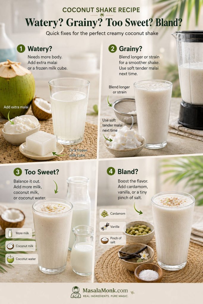 Troubleshooting guide for watery, grainy, too sweet, and bland coconut shake with visible fix ingredients.