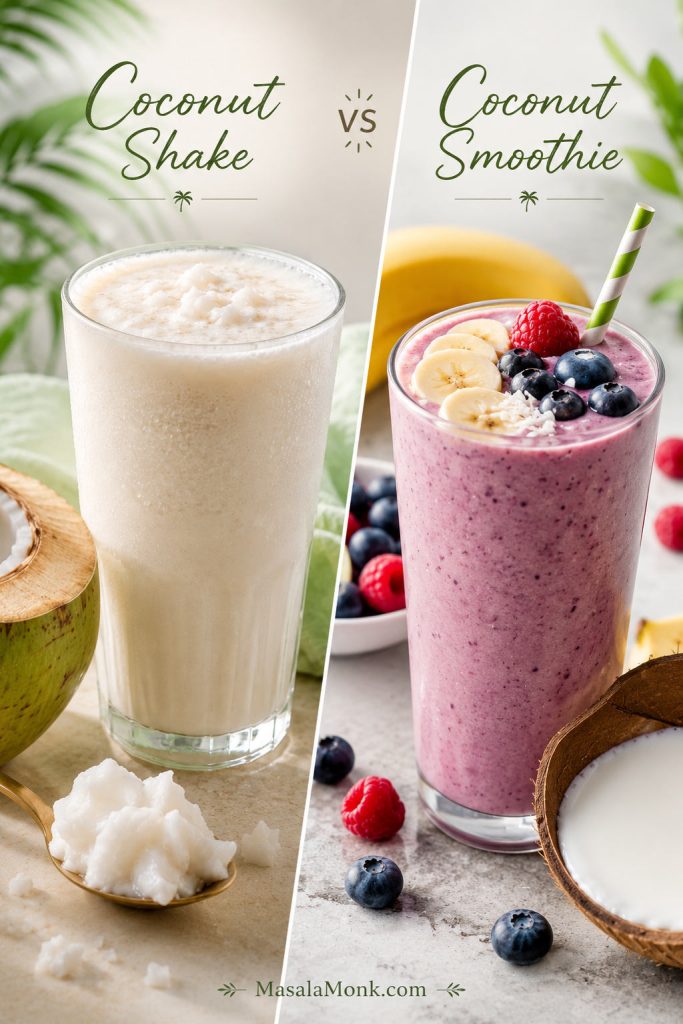 Comparison of a tender coconut shake and a fruit smoothie made with coconut milk.