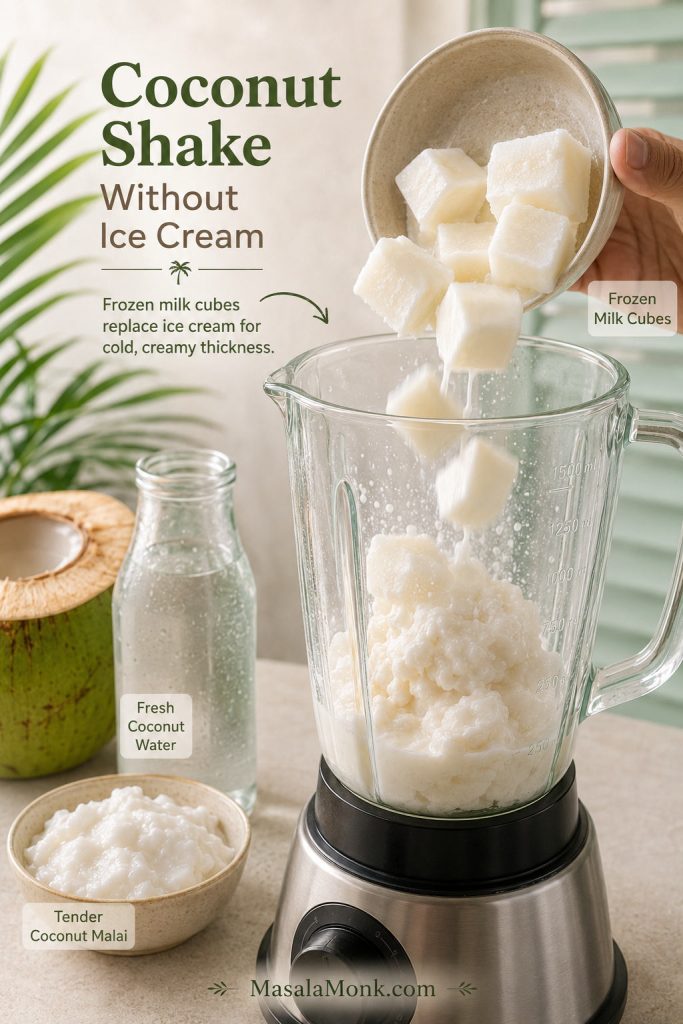 Frozen milk cubes being added to a blender with tender coconut malai and coconut water for a no-ice-cream coconut shake.