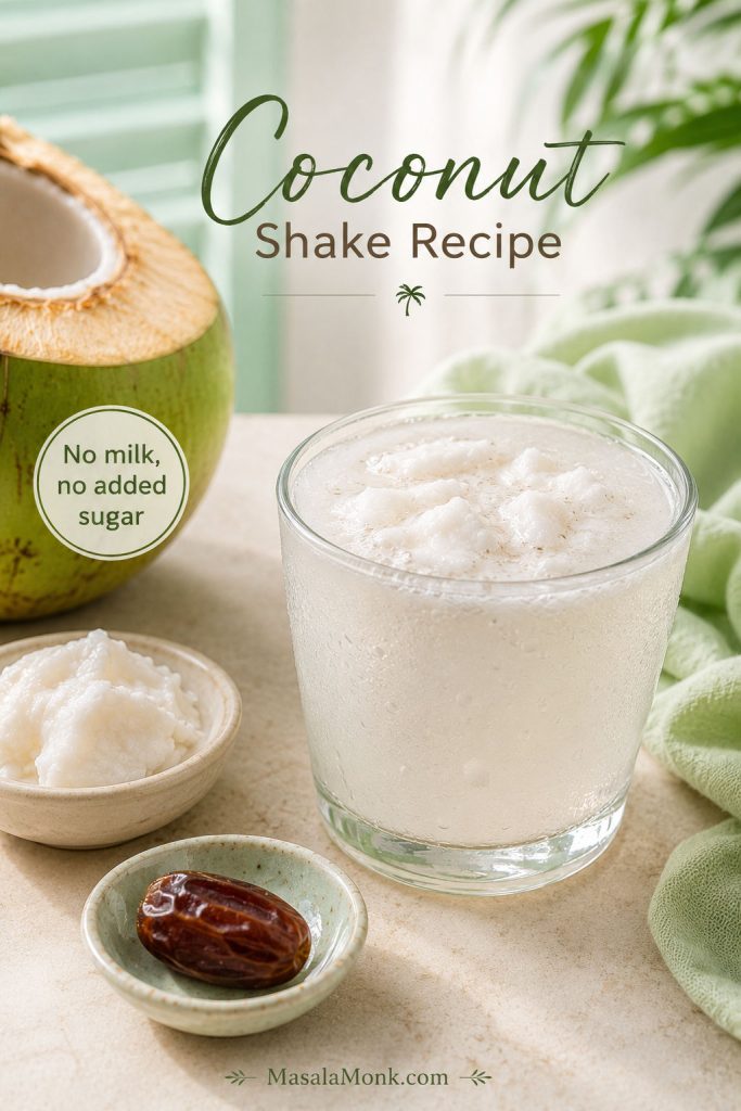 Light coconut shake made with coconut water, tender coconut malai, and an optional date, without milk or sugar.