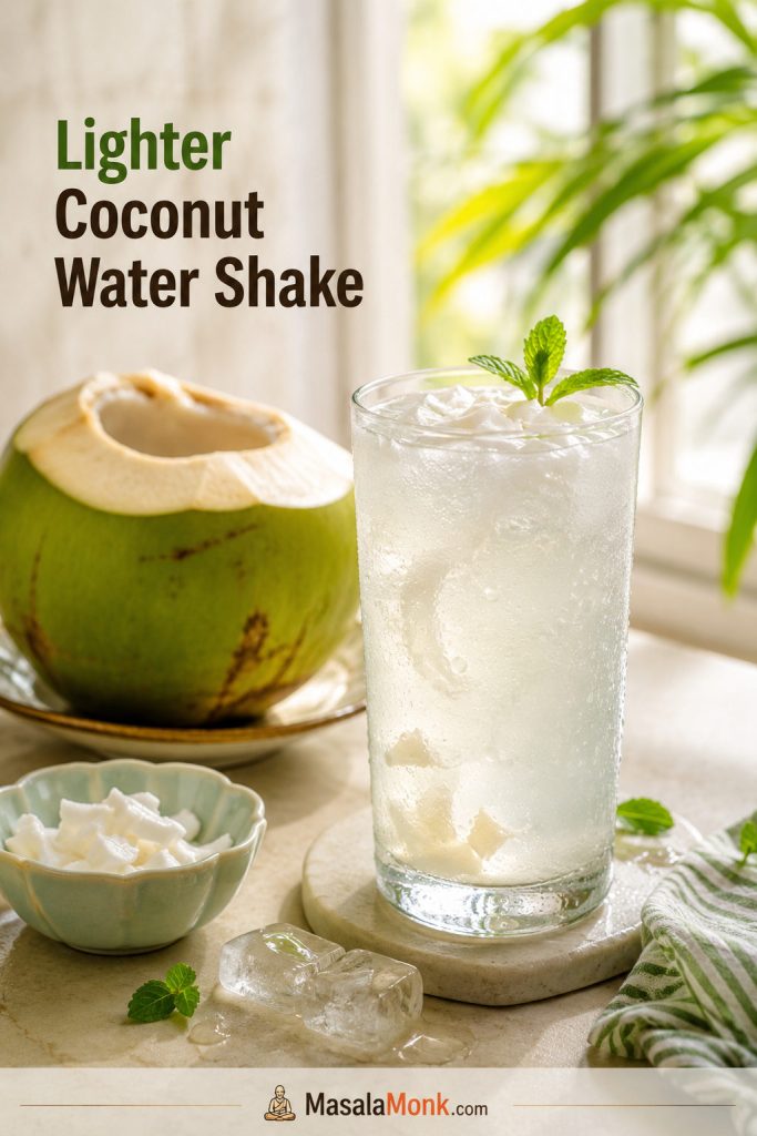 Lighter coconut water shake in a tall chilled glass with tender coconut malai and an opened young coconut.