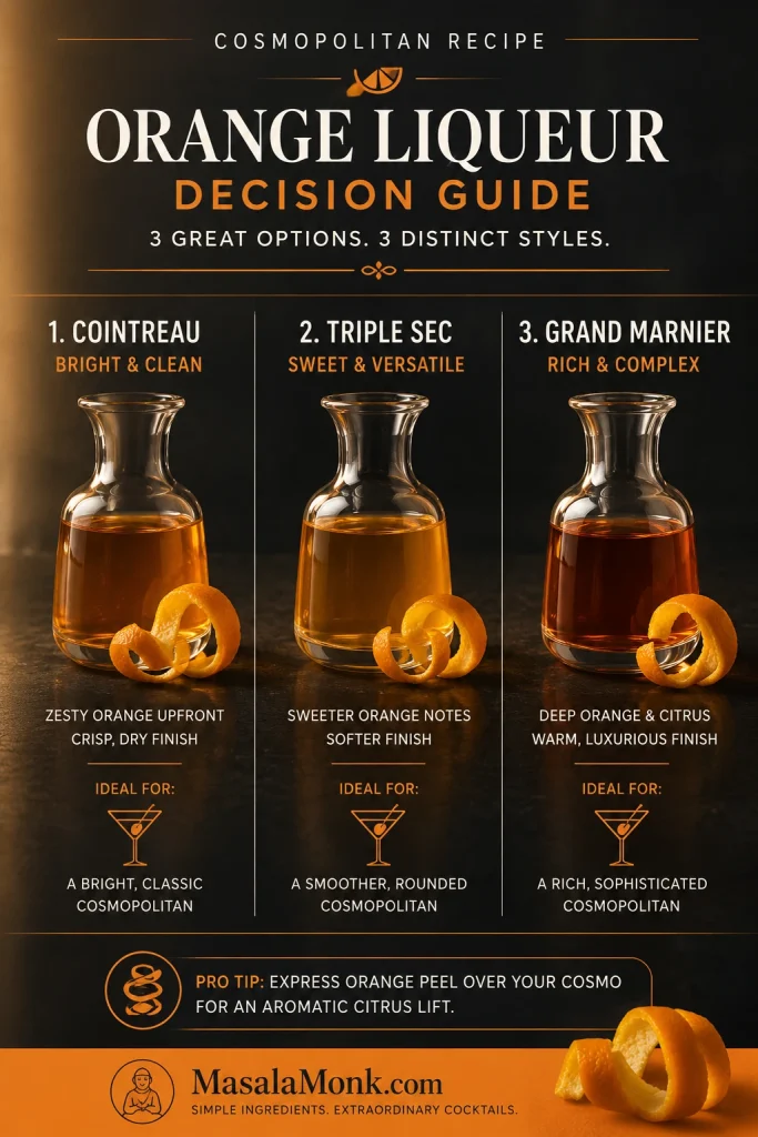 Orange liqueur guide showing Cointreau, triple sec, and Grand Marnier choices for a Cosmopolitan.