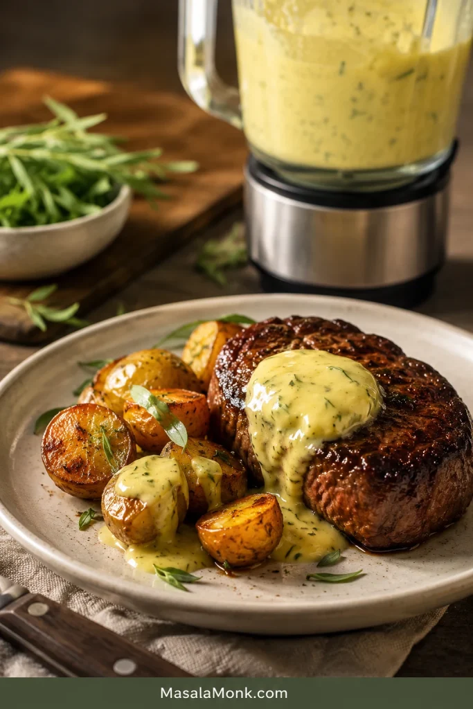 Cold firm béarnaise melting over hot steak and roasted potatoes like flavored butter.