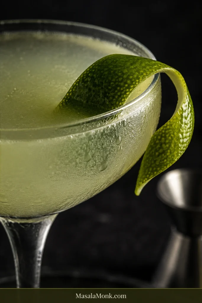 Close-up of a pale Gimlet in a coupe glass with condensation, a curled lime twist, and dark cocktail-bar styling.