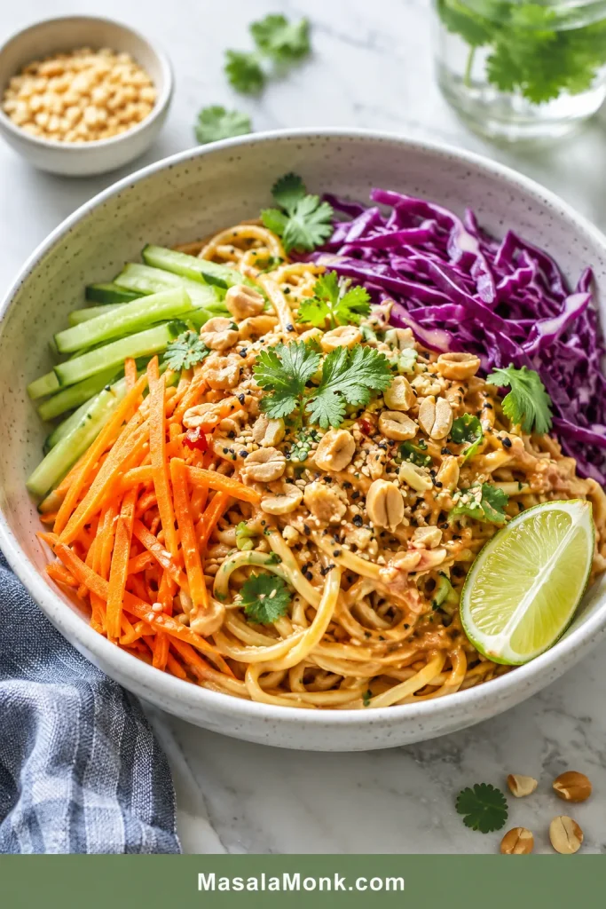 Cold peanut noodles with cucumber, purple cabbage, carrots, herbs, peanuts, sesame seeds, lime, and light peanut sauce
