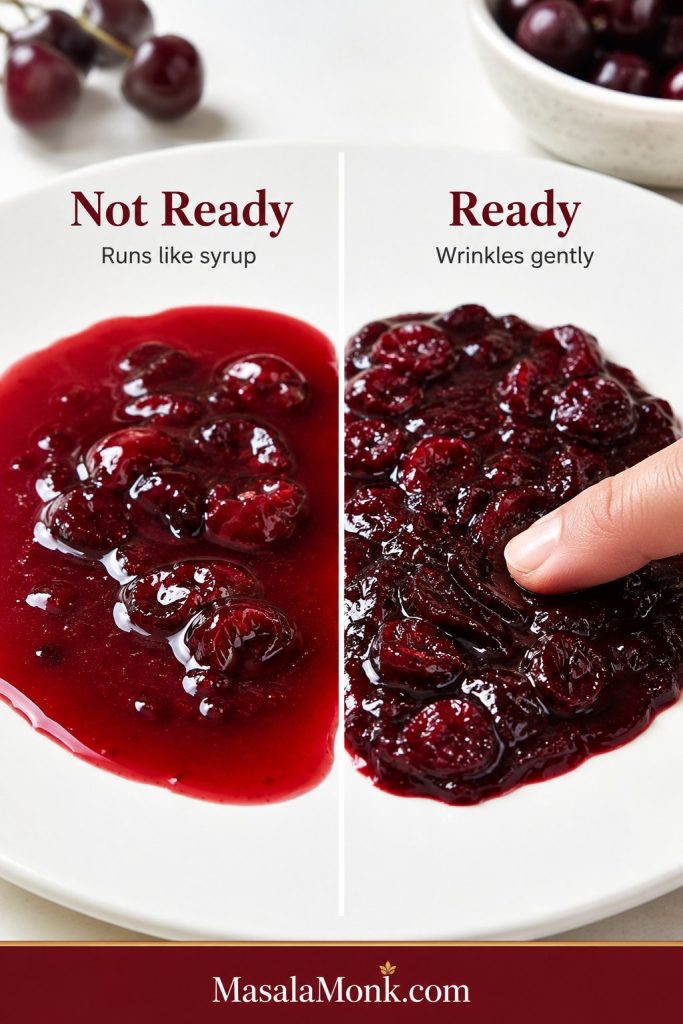 Split comparison of cherry jam on a white plate, with runny jam labeled Not Ready and wrinkled jam labeled Ready.