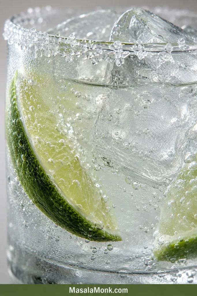 Close-up of a cold Ranch Water cocktail with clear ice, lime slices, bubbles, and condensation on the glass.