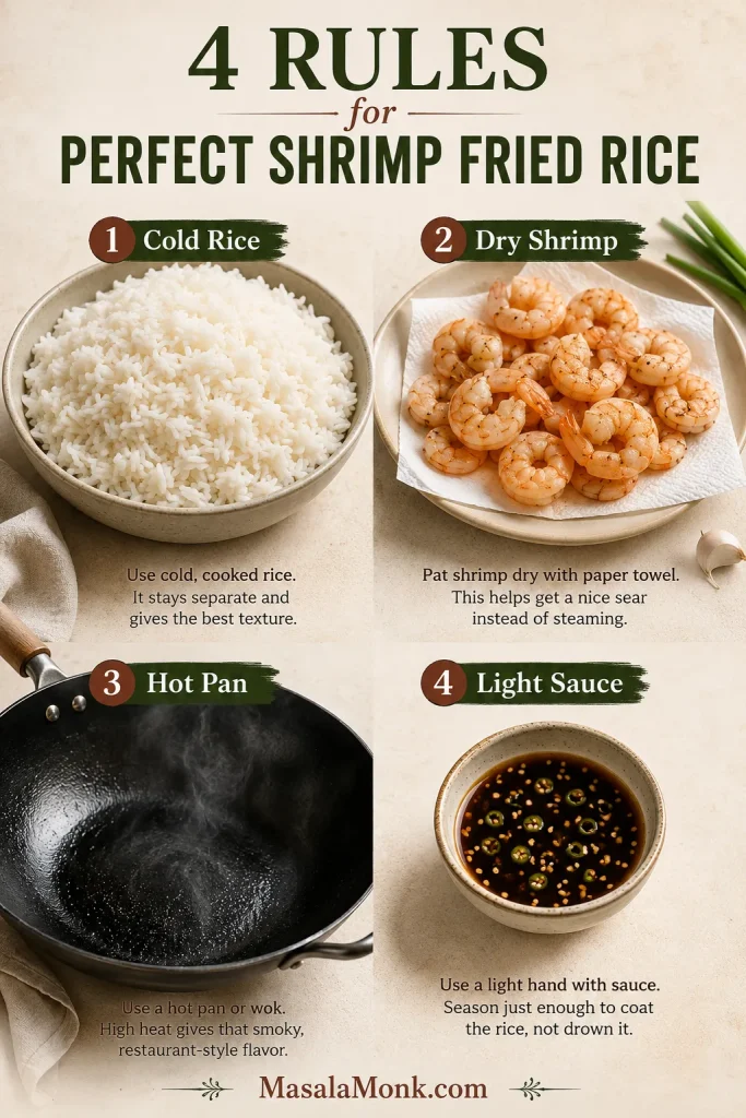 Four-part guide showing cold rice, dry shrimp, a hot wok, and light sauce as the key rules for shrimp fried rice.