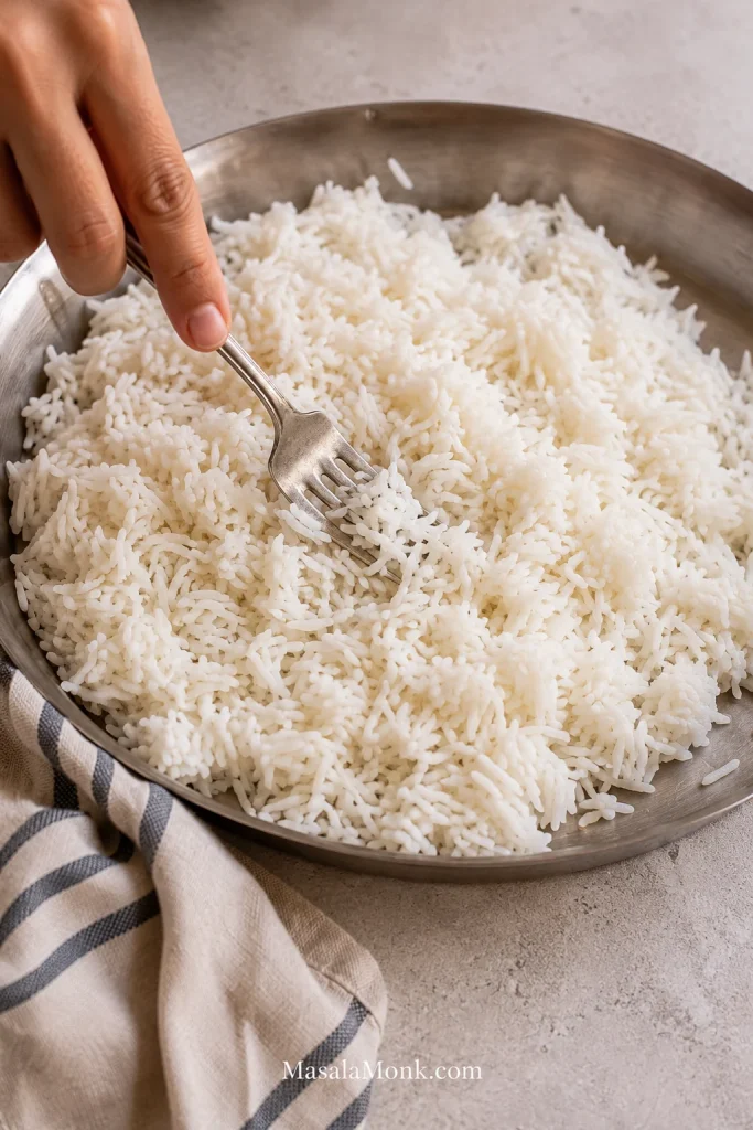Hand using a fork to break up cold cooked rice in a metal bowl before adding it to the pan.