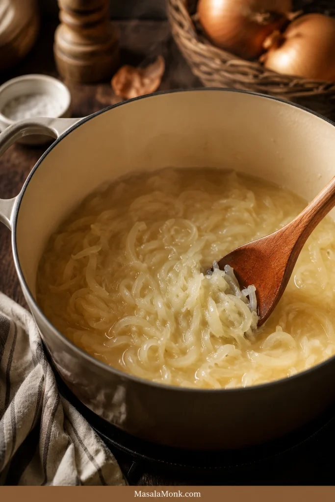 Softened sliced onions with visible moisture in a pot during the early stage of French onion soup.