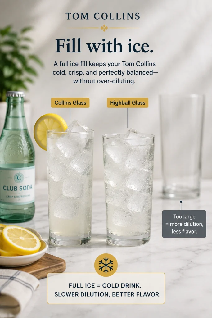 Collins glass and highball glass filled with ice for a Tom Collins, with club soda, lemon slices, and a larger empty glass in the background.