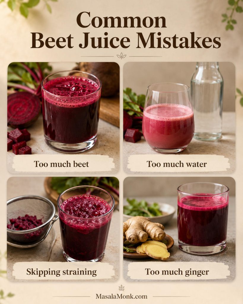 Four-panel beet juice mistakes graphic showing too much beet, too much water, skipping straining, and too much ginger.