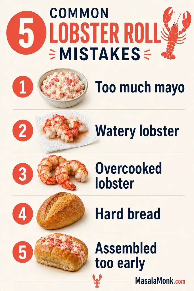 Checklist infographic titled five common lobster roll mistakes, listing too much mayo, watery lobster, overcooked lobster, hard bread, and assembled too early.