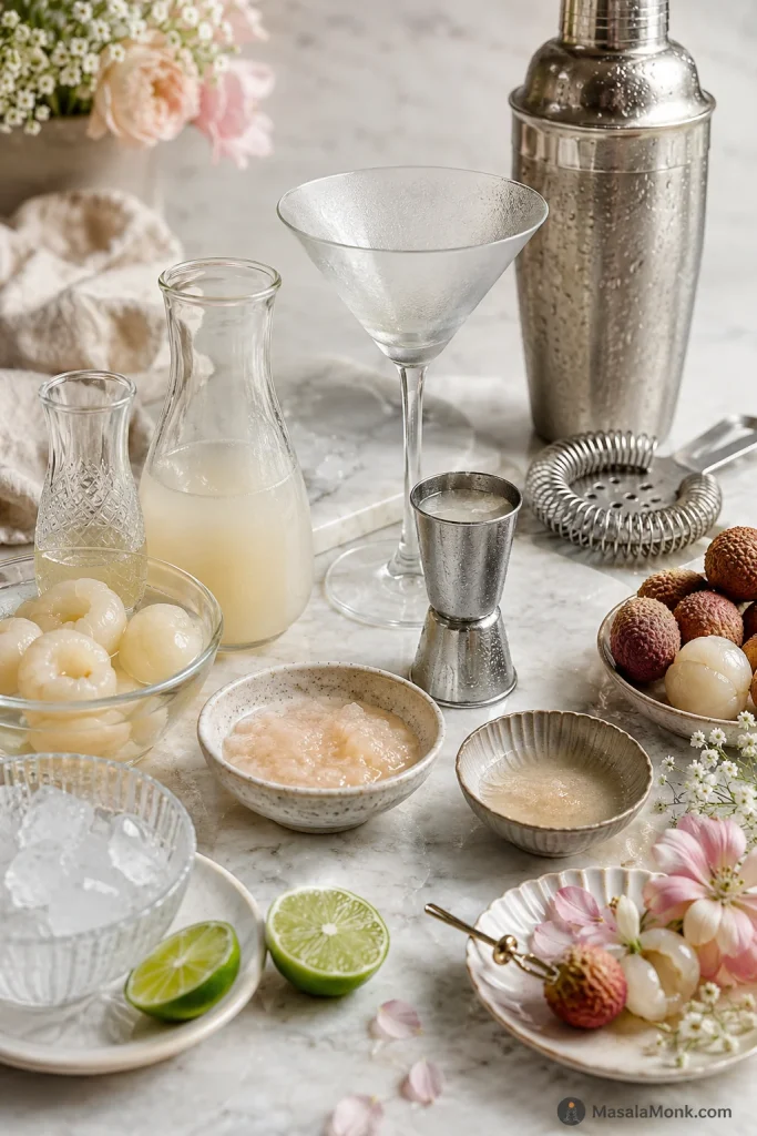 Prep table with syrup, wet ice, warm glass, puree, strainer, garnish, and bar tools arranged for a lychee martini.