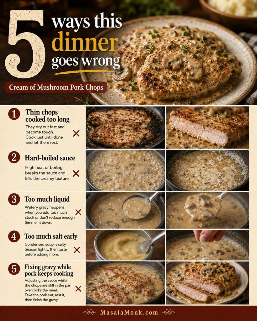 Common mistakes guide for cream of mushroom pork chops showing thin chops cooked too long, hard-boiled sauce, too much liquid, too much salt early, and fixing gravy while pork keeps cooking.