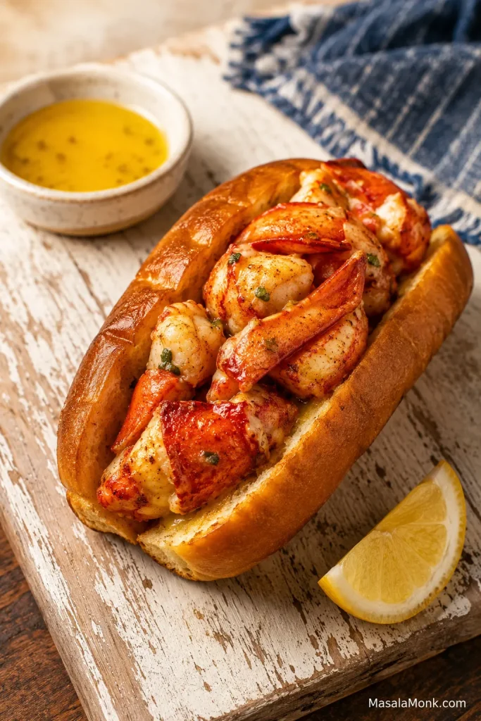 Finished Connecticut-style lobster roll with warm buttered lobster in a toasted bun, served with melted butter, a lemon wedge, and a blue napkin.