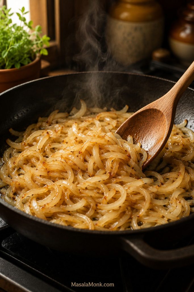 Sliced onions cooking in a skillet with a wooden spoon until soft, glossy, and lightly golden.