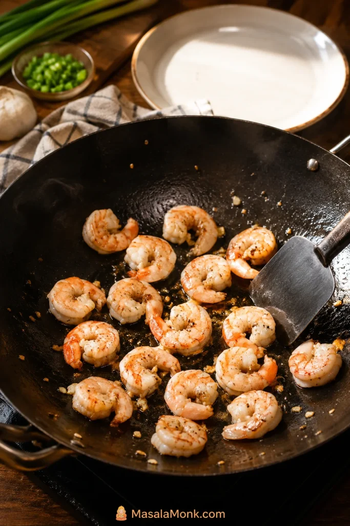 Shrimp searing in a black wok with a spatula and an empty plate nearby for removing the shrimp.