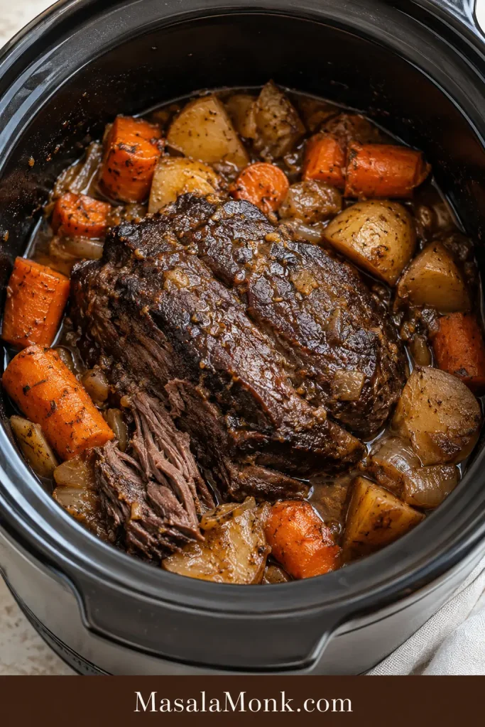 Cooked beef shoulder roast in a slow cooker with carrots, potatoes, onions, and brown cooking juices.