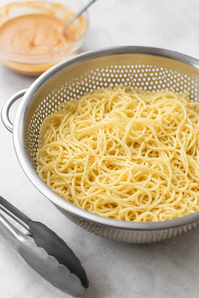 Cooked noodles with separate strands in a metal colander beside tongs and a bowl of peanut sauce