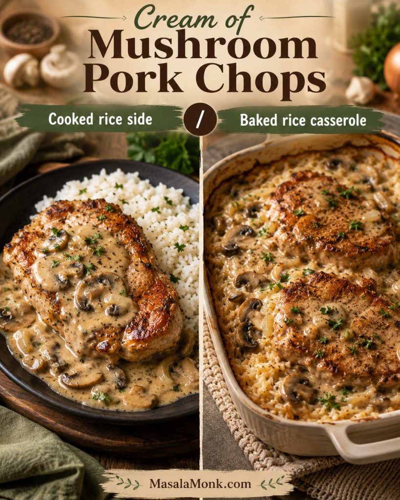 Split comparison showing cream of mushroom pork chops served over cooked rice on one side and baked rice casserole with pork chops on the other.