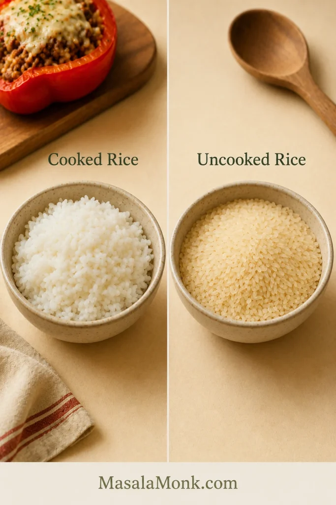 Side-by-side bowls of fluffy cooked rice and dry uncooked rice used to compare rice texture for stuffed peppers